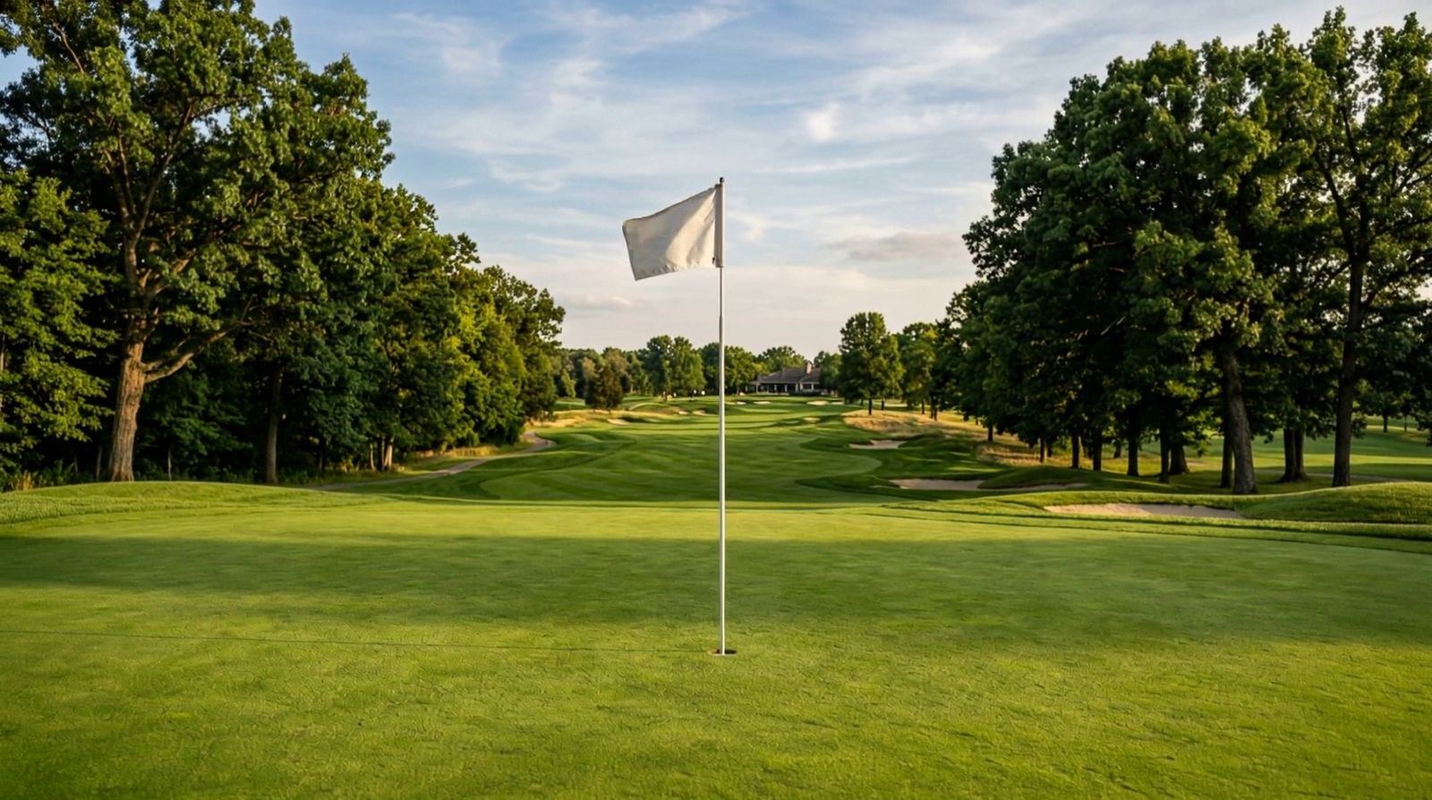 A green and flagstick under open sky