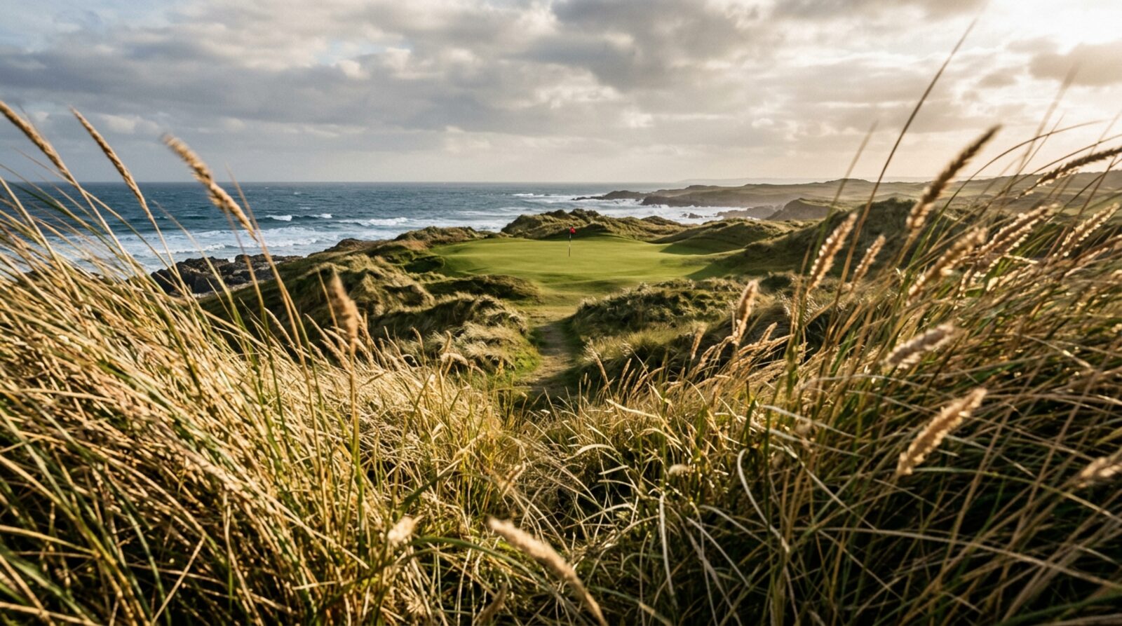 Dune grass above a coastal links green