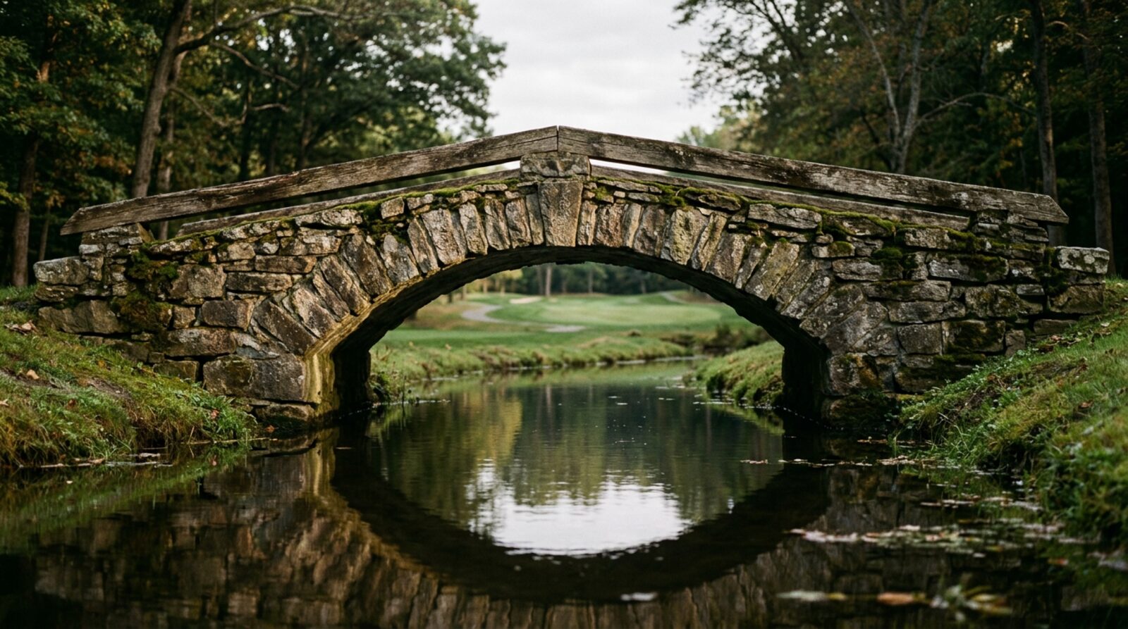 A stone bridge over still water on an early morning course
