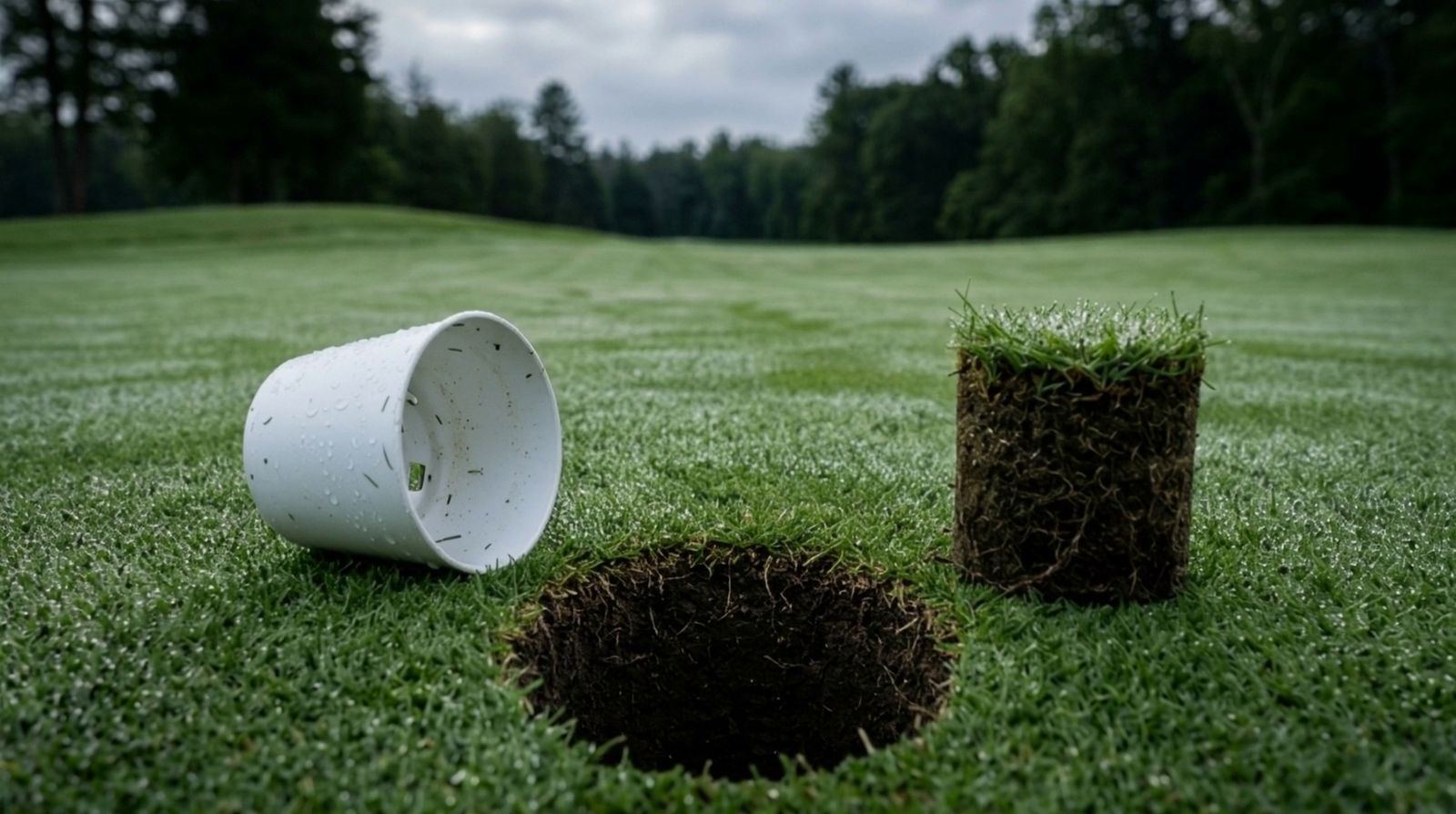 A freshly cut hole, the plug and cup set beside it