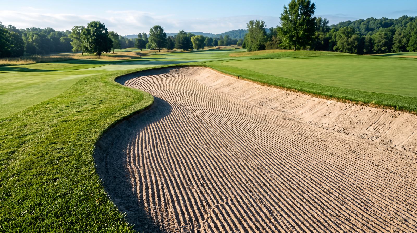 The clean edge and rake lines of a greenside bunker