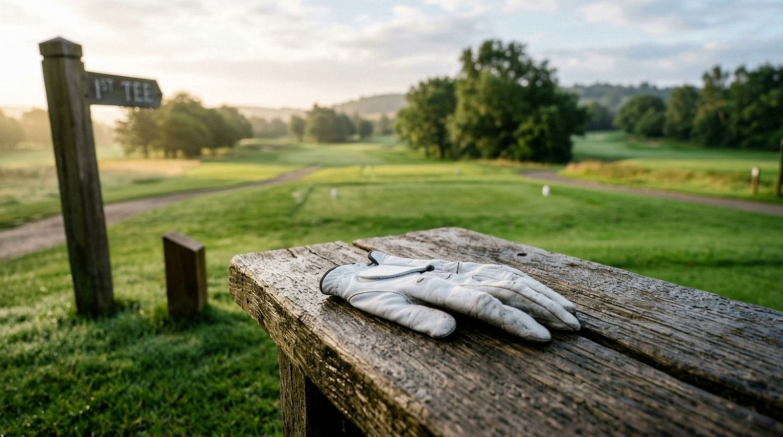 A worn glove left on a bench at the first tee