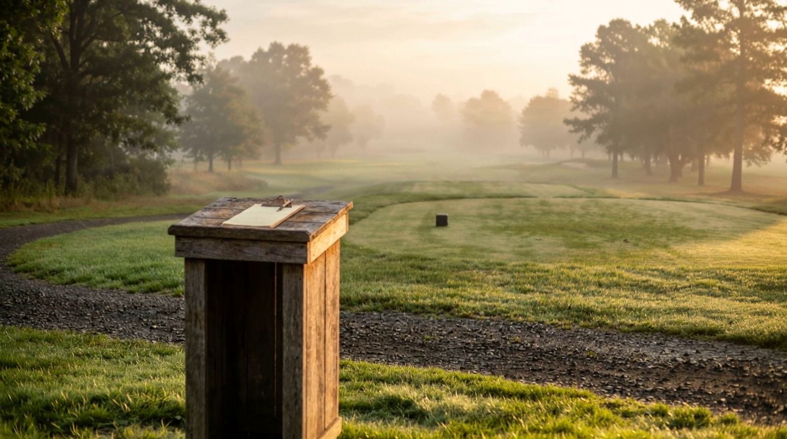 A weathered tee marker box in morning mist
