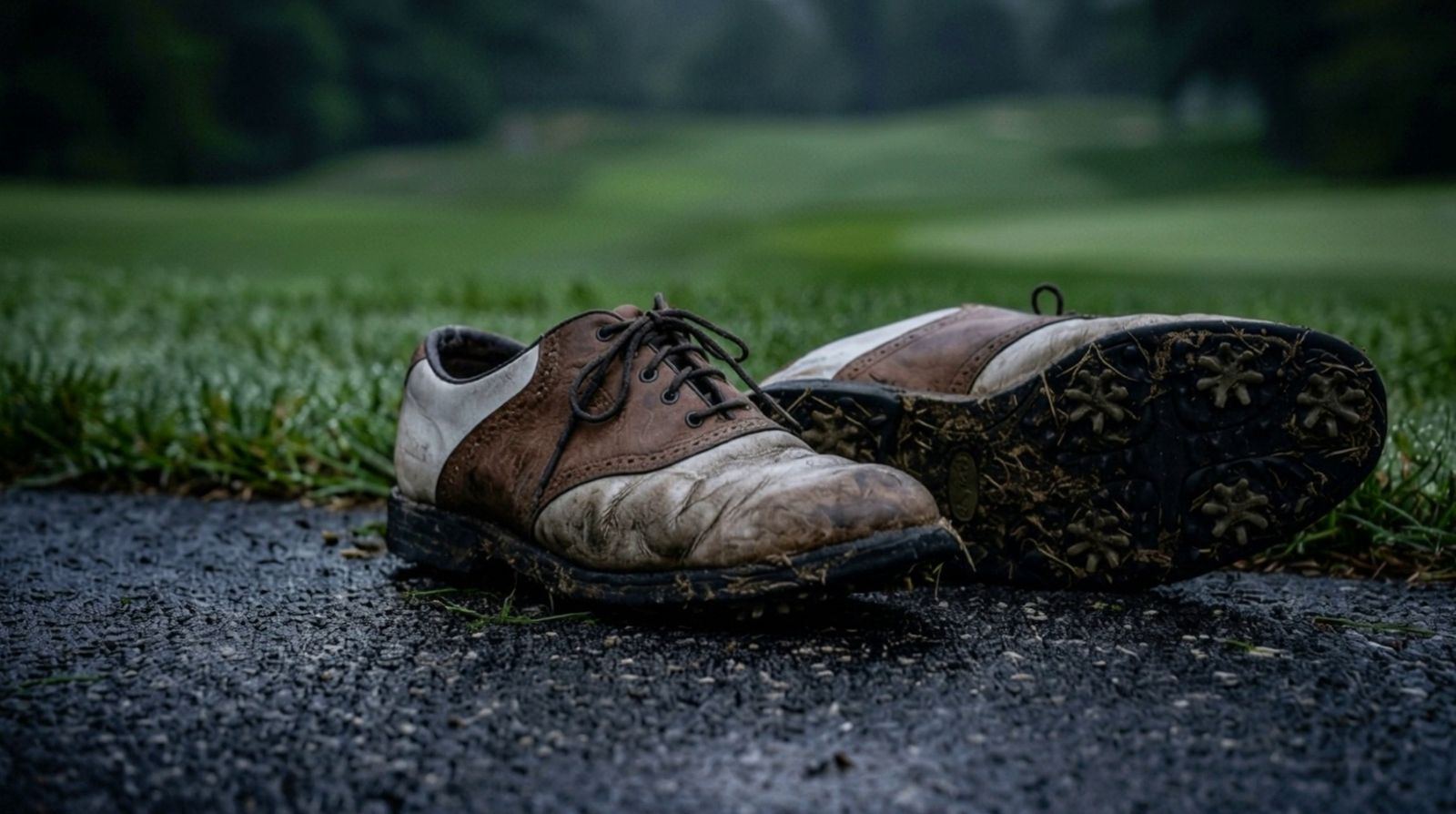 A worn pair of golf shoes left on a path