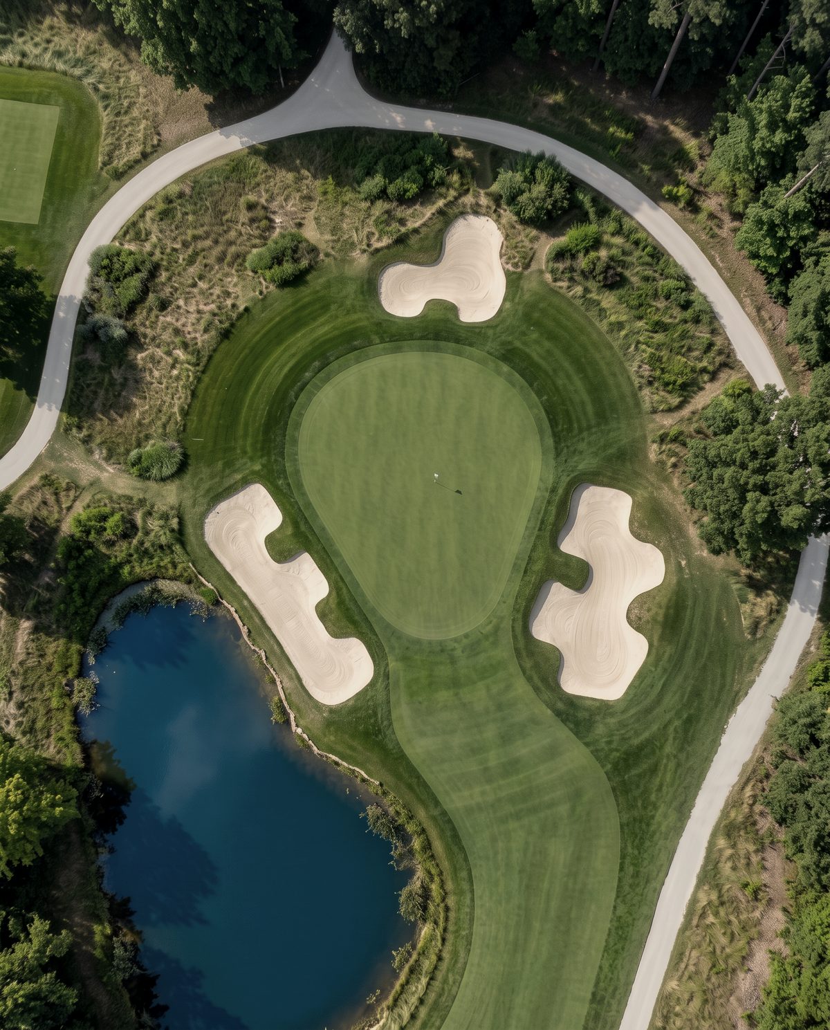 An aerial view of a green framed by bunkers