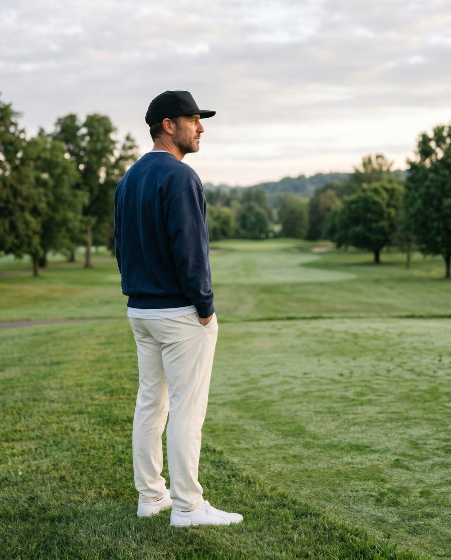 A golfer at the edge of a fairway in early morning light