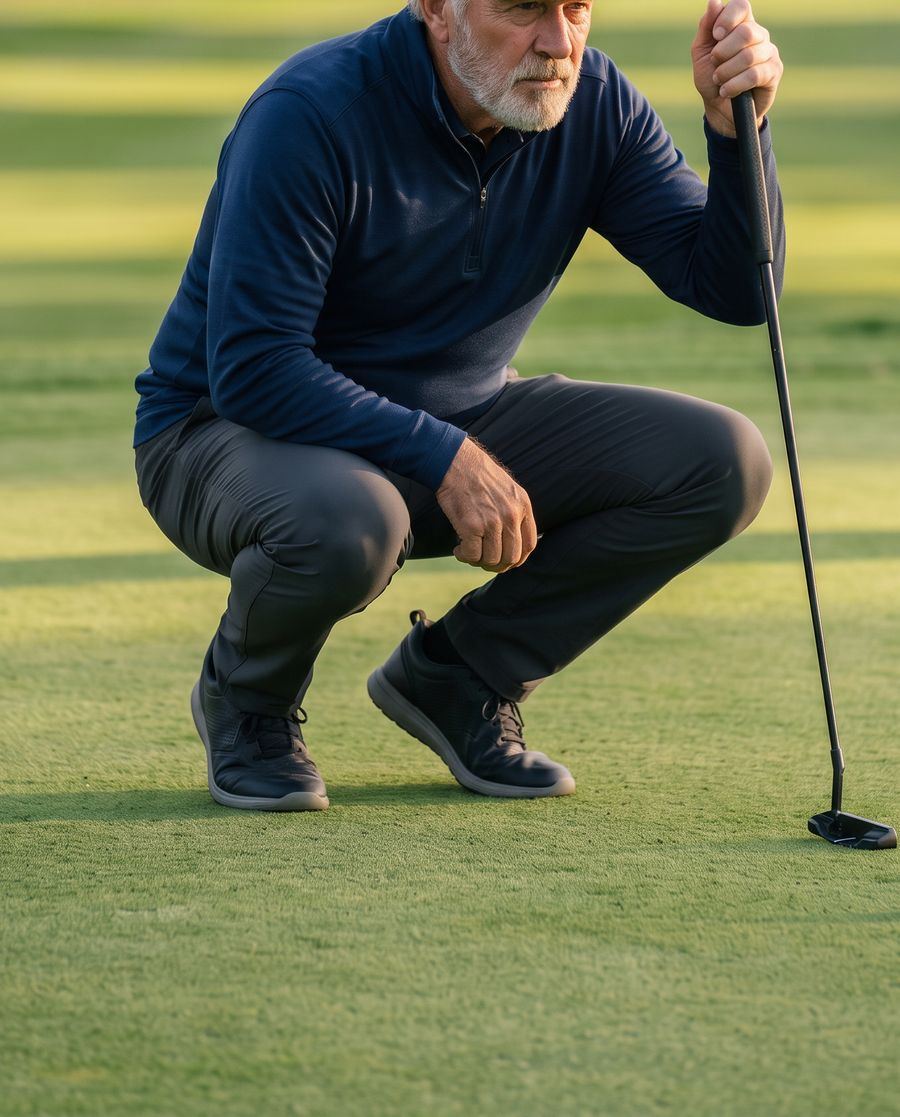 A golfer reading a putt in afternoon light