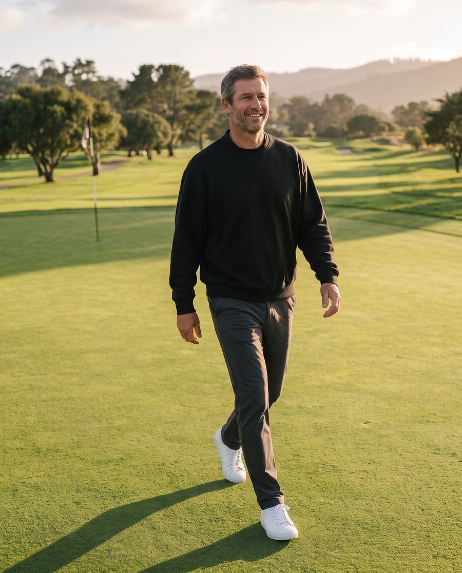 A golfer walking off the last green at dusk