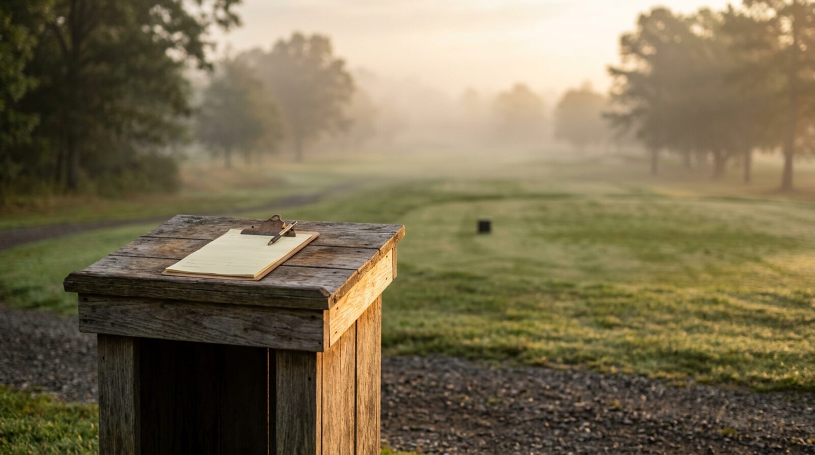 A weathered marker post holding a card, in low mist
